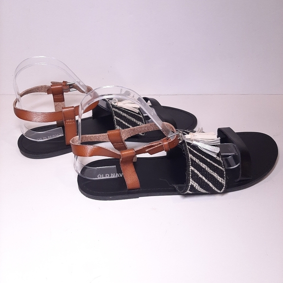3/$20 OLD NAVY Woven Tribal Tasseled Faux Leather Sandals Flats Shoes Black - Picture 6 of 11